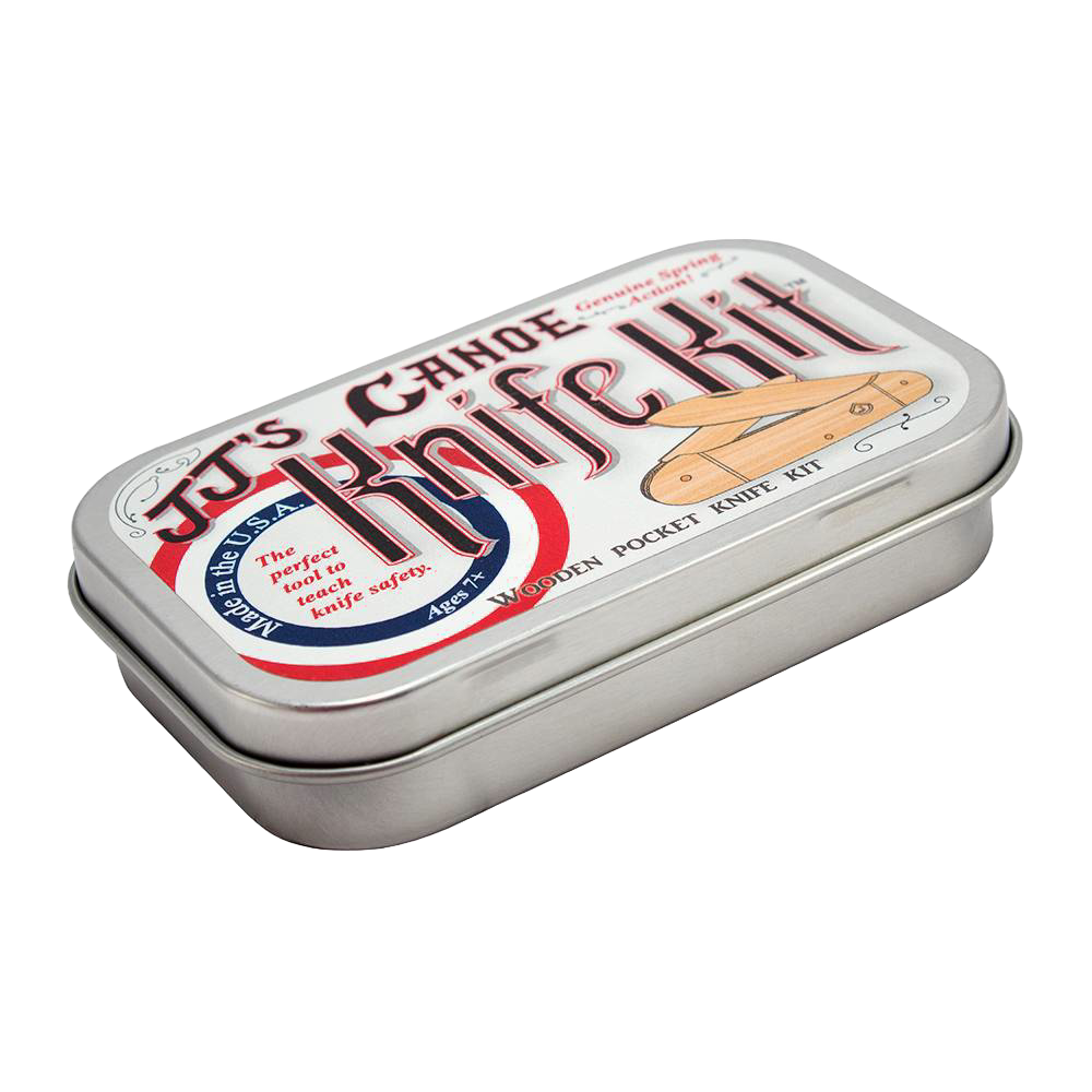 Hinged metal tin with vintage-style label for a handcrafted wooden pocket knife kit, made in USA, ideal for Toys, Books & Games, Children's Toys, and Arts and Crafts collections.