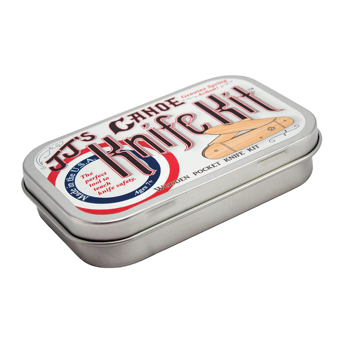 Hinged metal tin with vintage-style label for a handcrafted wooden pocket knife kit, made in USA, ideal for Toys, Books & Games, Children's Toys, and Arts and Crafts collections.