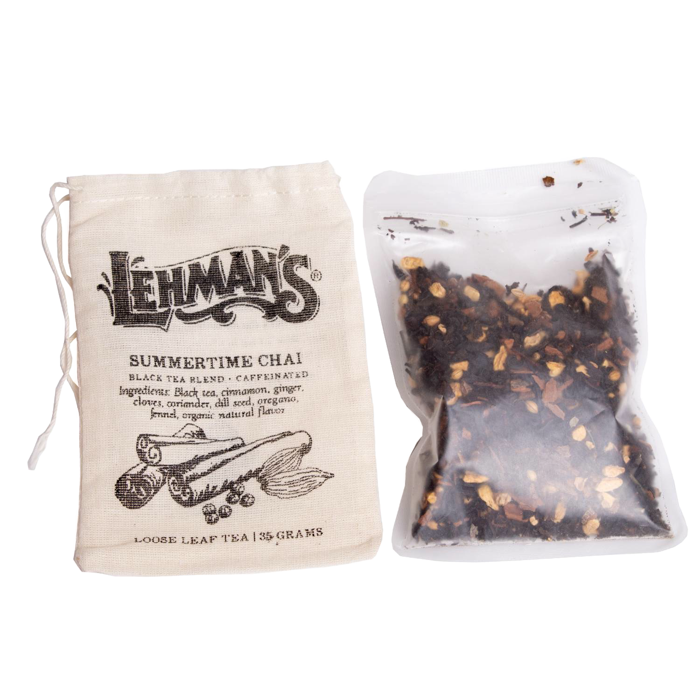 Natural fabric drawstring bag labeled Summertime Chai loose leaf tea blend beside a clear pouch showing chai spiced black tea, a handcrafted USA made beverage from Kitchen & Food, Food, Beverages, USA Made, Best Sellers, and Promo Eligible collections.