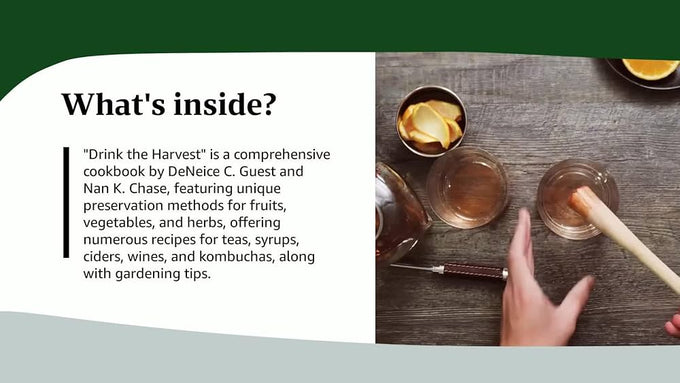 Open cookbook page showing detailed description of preservation techniques for fruits, vegetables, and herbs, with images of herbal tea preparation, fitting Toys, Books & Games and Canning and Preserving Books collections.
