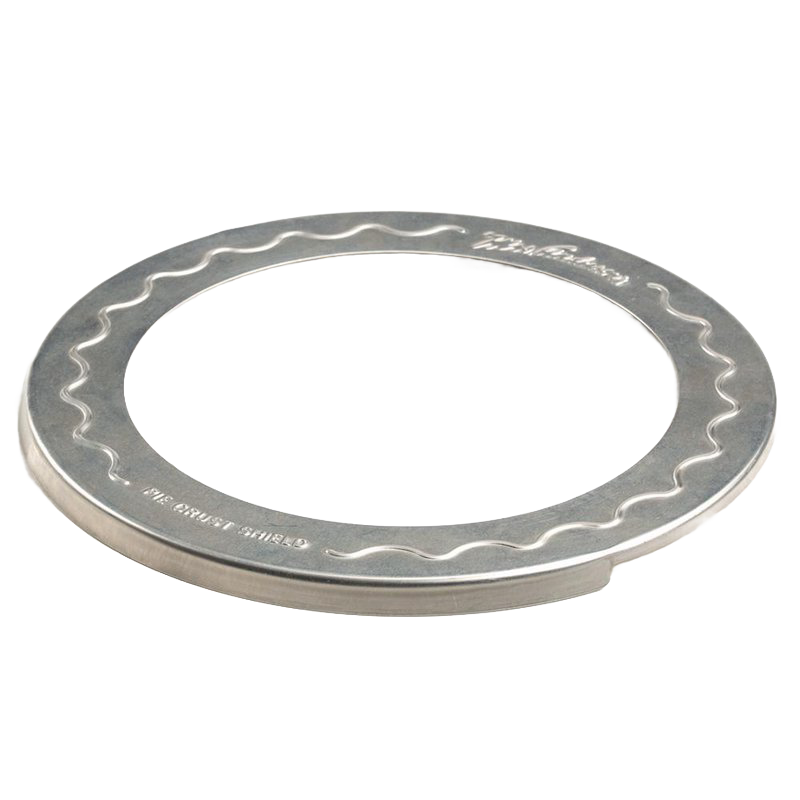 Round aluminum pie crust shield with scalloped edge designed for 10-inch pies, protecting crust edges from burning, ideal for Kitchen & Food, Cookware, and Baking Supplies collections.