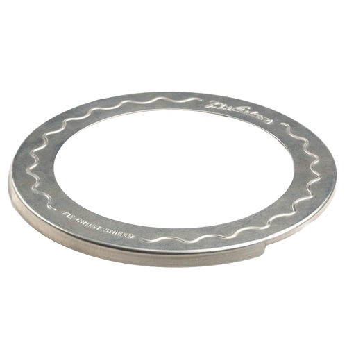 Round aluminum pie crust shield with scalloped edge designed for 10-inch pies, protecting crust edges from burning, ideal for Kitchen & Food, Cookware, and Baking Supplies collections.