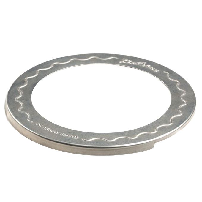 Round aluminum pie crust shield with scalloped edge designed for 10-inch pies, protecting crust edges from burning, ideal for Kitchen & Food, Cookware, and Baking Supplies collections.