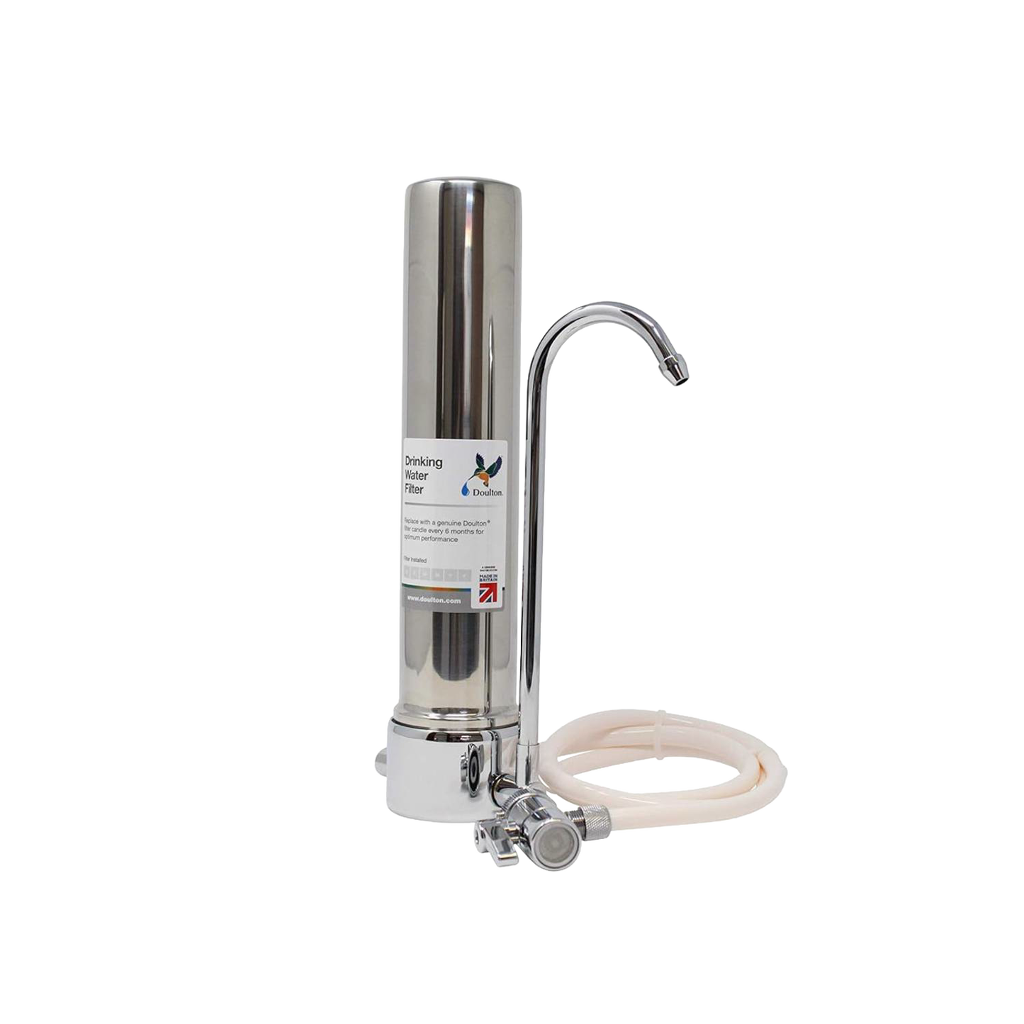 Sleek stainless steel countertop water filter system with curved tap and flexible hose, designed for easy faucet connection, featured in Appliances, Emergency Supplies, Water Heating and Treatment collections.