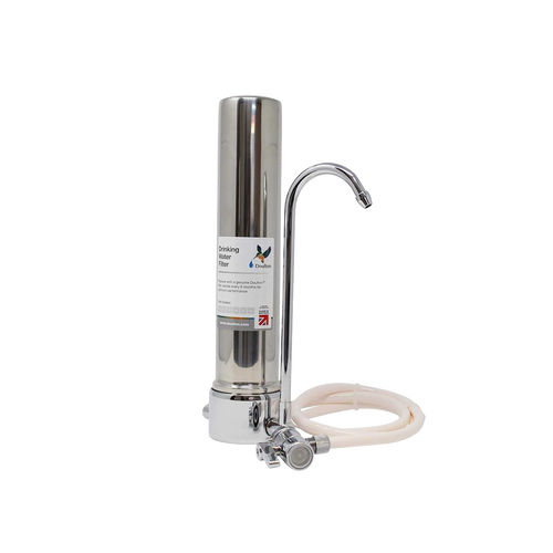 Sleek stainless steel countertop water filter system with curved tap and flexible hose, designed for easy faucet connection, featured in Appliances, Emergency Supplies, Water Heating and Treatment collections.