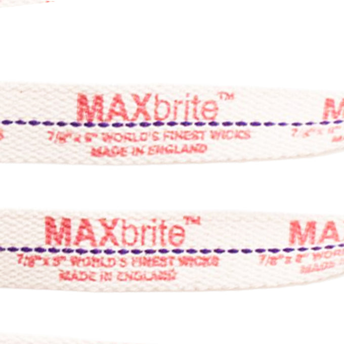 Close-up of handcrafted flat cotton wick with red and purple stitched lines, made in England, designed for efficient fuel delivery in lamps, ideal for Farm, Garden & Tool and Emergency Supplies collections.