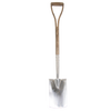Full-length view of a digging spade featuring a polished stainless steel head and a weatherproof hardwood shaft with a D-shaped handle, designed for heavy-duty garden and farm use in Farm, Garden & Tool, Digging and Cultivating, Lawncare, and Best Sellers collections.