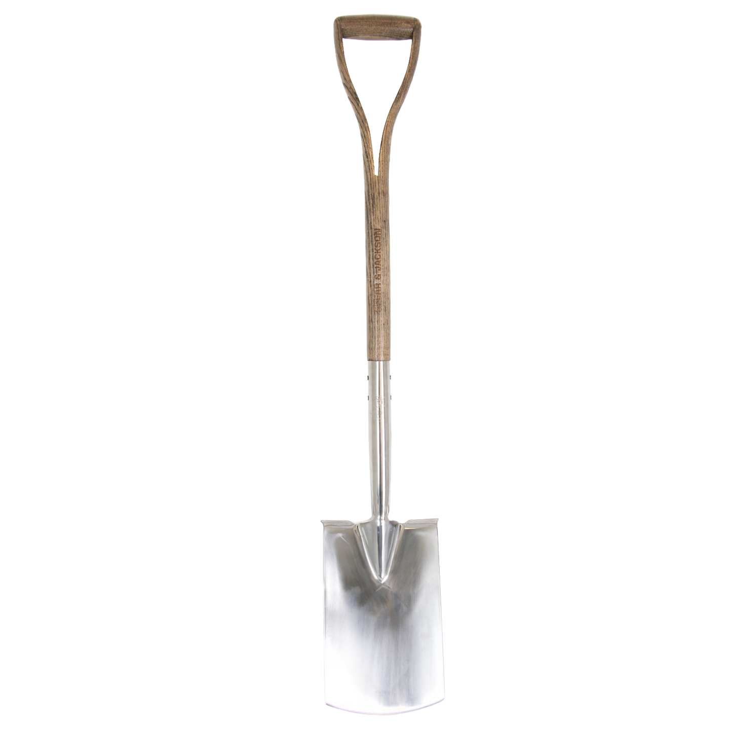 Full-length view of a digging spade featuring a polished stainless steel head and a weatherproof hardwood shaft with a D-shaped handle, designed for heavy-duty garden and farm use in Farm, Garden & Tool, Digging and Cultivating, Lawncare, and Best Sellers collections.