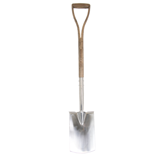 Full-length view of a digging spade featuring a polished stainless steel head and a weatherproof hardwood shaft with a D-shaped handle, designed for heavy-duty garden and farm use in Farm, Garden & Tool, Digging and Cultivating, Lawncare, and Best Sellers collections.
