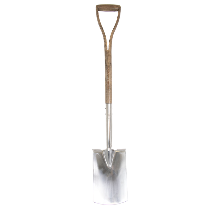 Full-length view of a digging spade featuring a polished stainless steel head and a weatherproof hardwood shaft with a D-shaped handle, designed for heavy-duty garden and farm use in Farm, Garden & Tool, Digging and Cultivating, Lawncare, and Best Sellers collections.