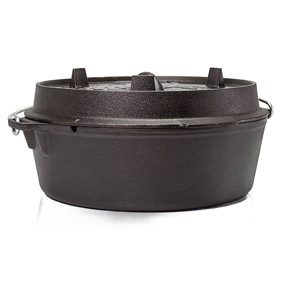 Heavy-duty cast iron Dutch oven with flat base and fitted lid featuring raised feet for stacking and handle, ideal for kitchen and outdoor cooking in Kitchen & Food, Cookware, Cast Iron, Best Sellers, Promo Eligible collections.