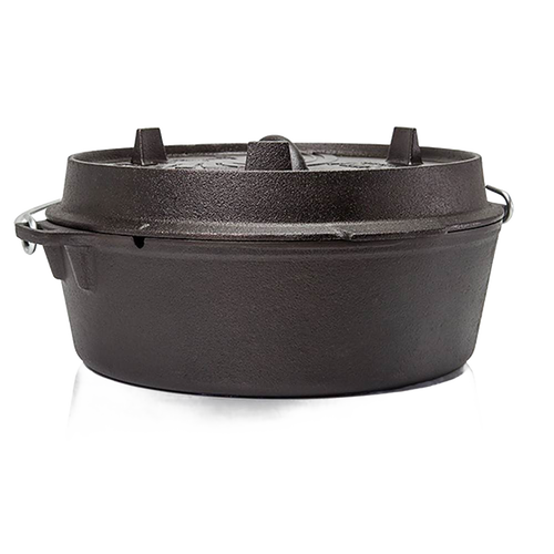 Heavy-duty cast iron Dutch oven with flat base and fitted lid featuring raised feet for stacking and handle, ideal for kitchen and outdoor cooking in Kitchen & Food, Cookware, Cast Iron, Best Sellers, Promo Eligible collections.
