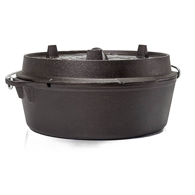 Heavy-duty cast iron Dutch oven with flat base and fitted lid featuring raised feet for stacking and handle, ideal for kitchen and outdoor cooking in Kitchen & Food, Cookware, Cast Iron, Best Sellers, Promo Eligible collections.