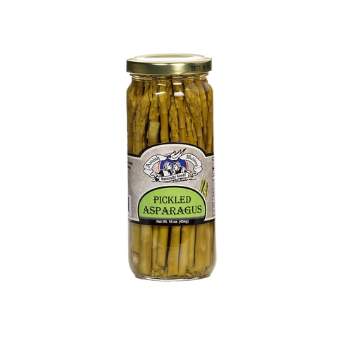 Glass jar of handcrafted pickled asparagus, made in USA with simple ingredients, offering a tangy flavor perfect for Kitchen & Food, Pantry, USA Made, Best Sellers, and Promo Eligible collections.