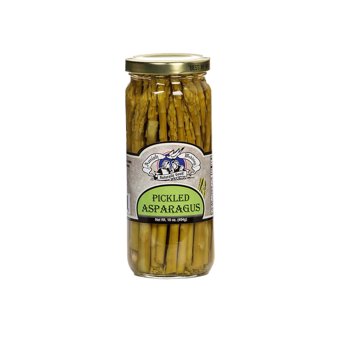 Glass jar of handcrafted pickled asparagus, made in USA with simple ingredients, offering a tangy flavor perfect for Kitchen & Food, Pantry, USA Made, Best Sellers, and Promo Eligible collections.