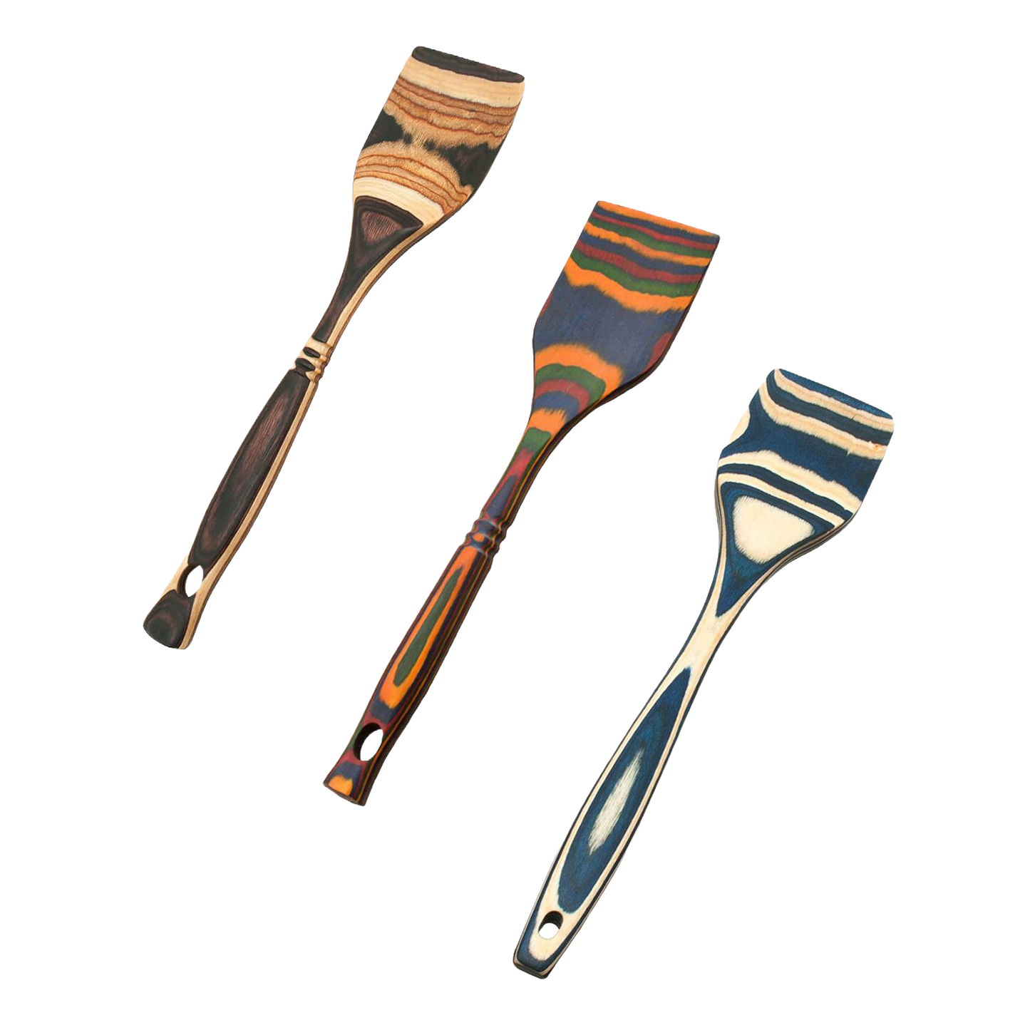 Three handcrafted pakkawood spatulas featuring colorful, sturdy layered patterns, designed for durable use in Kitchen & Food, Kitchen Gadgets, Cooking and Baking Helpers, and Storage and Serving collections.
