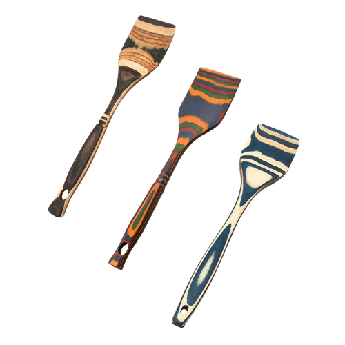 Three handcrafted pakkawood spatulas featuring colorful, sturdy layered patterns, designed for durable use in Kitchen & Food, Kitchen Gadgets, Cooking and Baking Helpers, and Storage and Serving collections.
