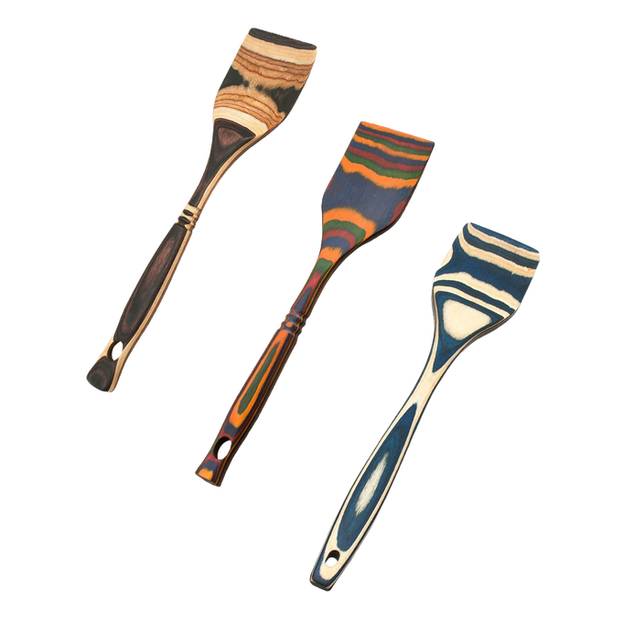 Three handcrafted pakkawood spatulas featuring colorful, sturdy layered patterns, designed for durable use in Kitchen & Food, Kitchen Gadgets, Cooking and Baking Helpers, and Storage and Serving collections.