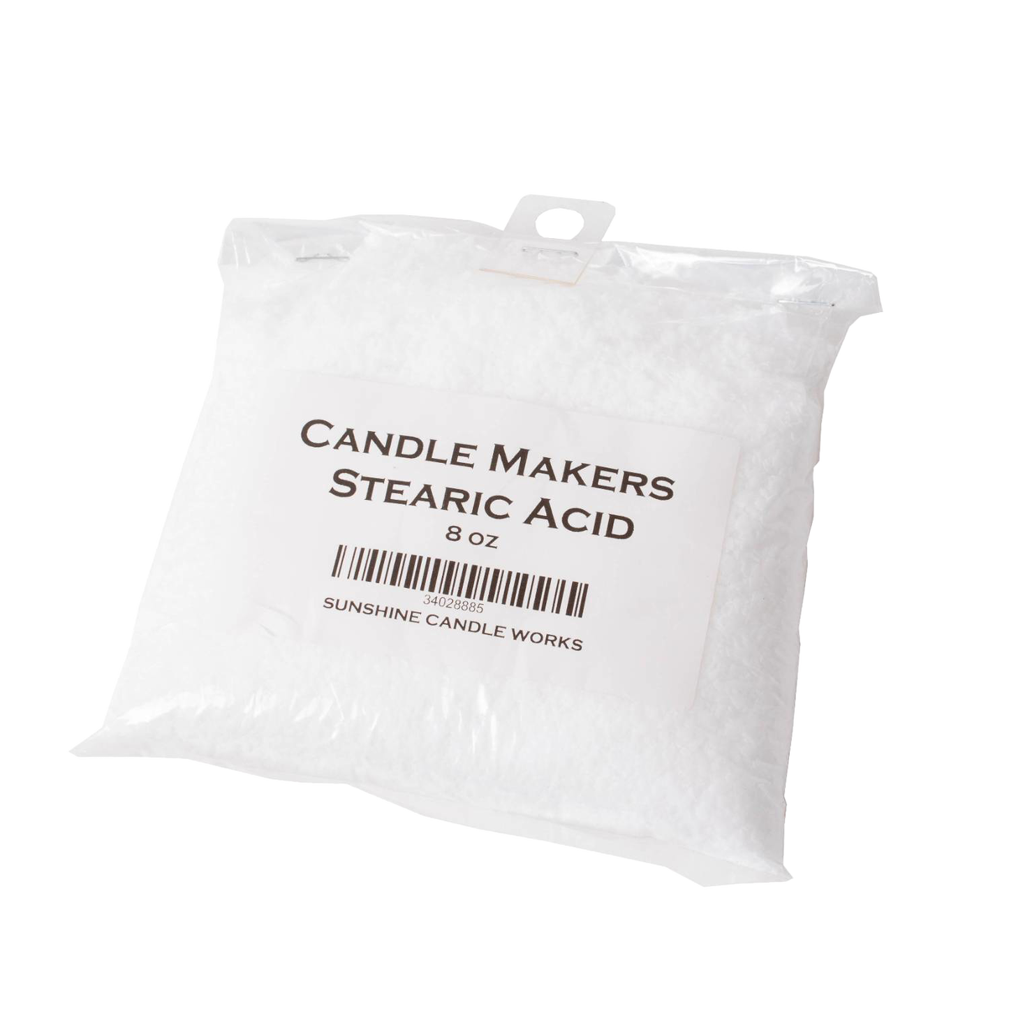 Clear plastic bag filled with 8 ounces of white stearic acid flakes for enhancing candle hardness, featured in Candlemaking Supplies, Soaps and Soapmaking, and Best Sellers collections.