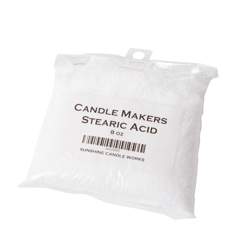 Clear plastic bag filled with 8 ounces of white stearic acid flakes for enhancing candle hardness, featured in Candlemaking Supplies, Soaps and Soapmaking, and Best Sellers collections.