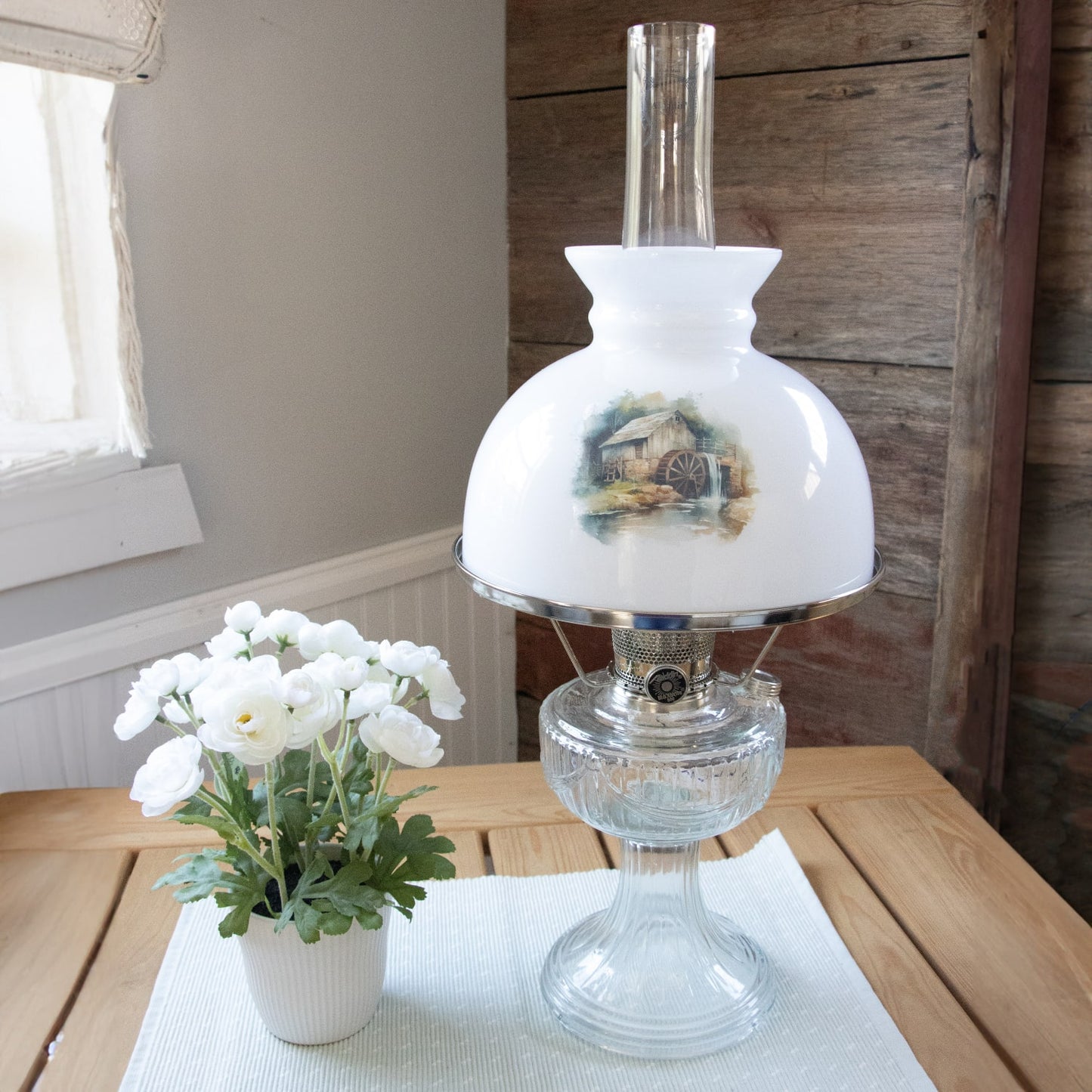 Handcrafted 10-inch white glass lamp shade with a detailed rustic watermill illustration, designed to soften oil lamp light, ideal for Lamps & Lighting, Parts and Accessories, and Best Sellers collections.