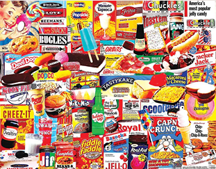 Colorful 1000-piece jigsaw puzzle collage of nostalgic childhood snacks and treats, handcrafted in the USA, perfect for family fun in Toys, Books & Games and Best Sellers collections.