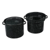 Black speckled enamelware blancher set with pot, lid, and perforated insert, designed for even heating and easy vegetable blanching, featured in Kitchen & Food and Cookware collections.