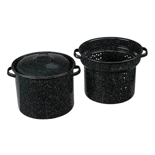 Black speckled enamelware blancher set with pot, lid, and perforated insert, designed for even heating and easy vegetable blanching, featured in Kitchen & Food and Cookware collections.