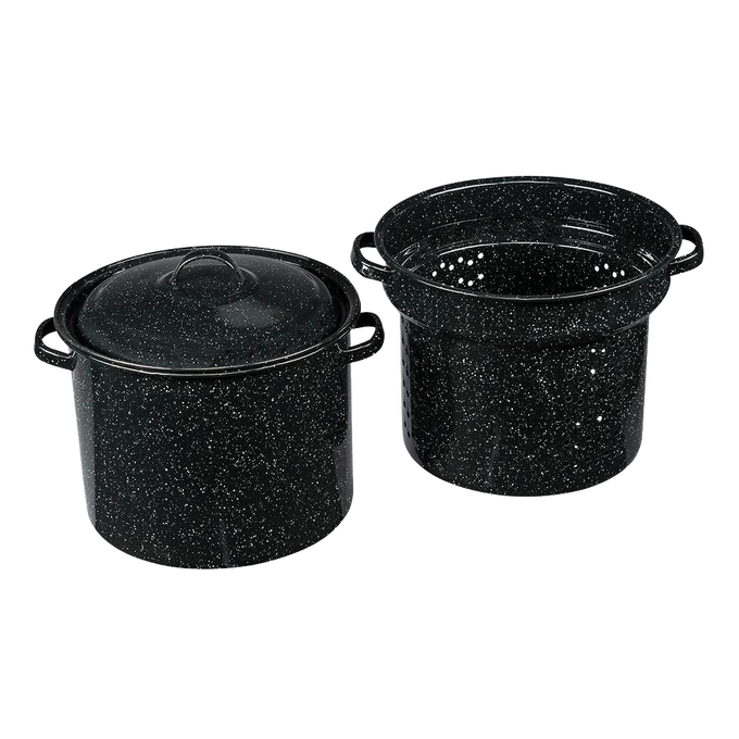 Black speckled enamelware blancher set with pot, lid, and perforated insert, designed for even heating and easy vegetable blanching, featured in Kitchen & Food and Cookware collections.