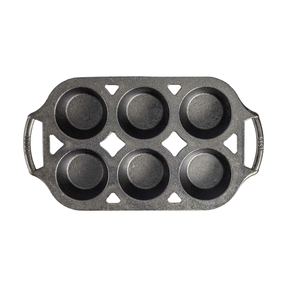 Six-cup cast iron muffin pan with sturdy handles, handcrafted in the USA for even heat distribution and perfect baking, ideal for Kitchen & Food, Cookware, Cast Iron, and Baking Supplies collections.