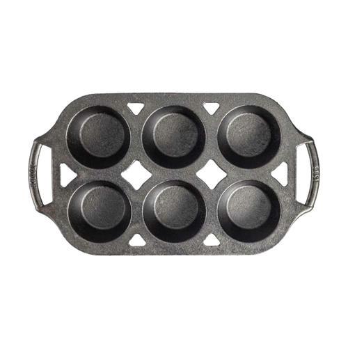Six-cup cast iron muffin pan with sturdy handles, handcrafted in the USA for even heat distribution and perfect baking, ideal for Kitchen & Food, Cookware, Cast Iron, and Baking Supplies collections.