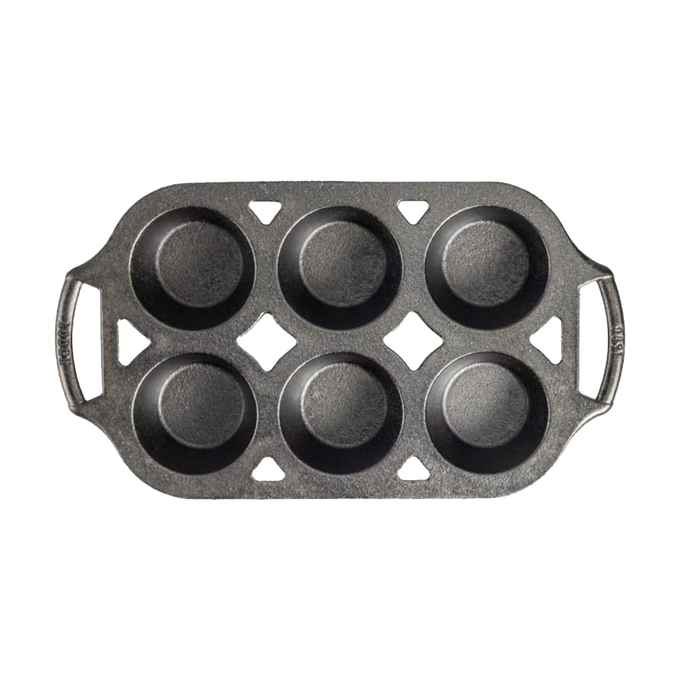 Six-cup cast iron muffin pan with sturdy handles, handcrafted in the USA for even heat distribution and perfect baking, ideal for Kitchen & Food, Cookware, Cast Iron, and Baking Supplies collections.