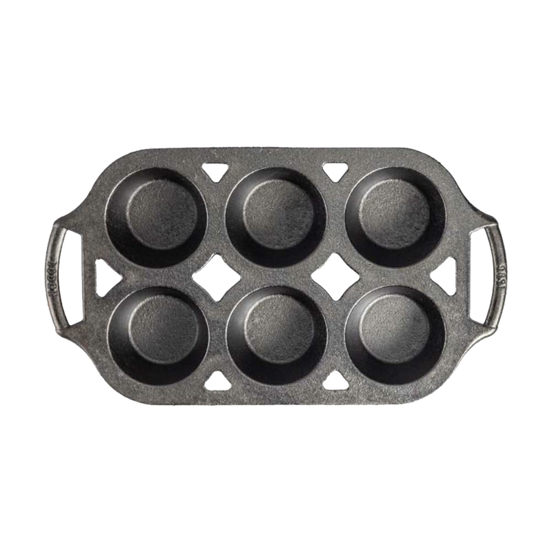Six-cup cast iron muffin pan with sturdy handles, handcrafted in the USA for even heat distribution and perfect baking, ideal for Kitchen & Food, Cookware, Cast Iron, and Baking Supplies collections.