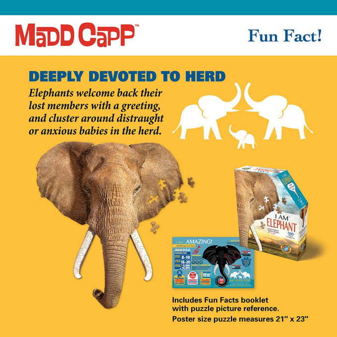 Illustration of an elephant head shaped puzzle with missing pieces, puzzle box, and a fact about elephants on a yellow background, part of a children's puzzles collection.