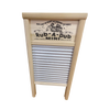 Handcrafted mini washboard with spiral tin surface and smooth wooden frame, featuring decorative printed front, part of USA Made, Home & Decor, and Laundry Supplies collections.