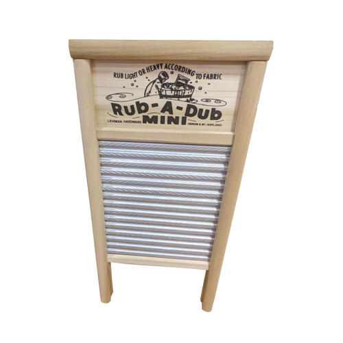 Handcrafted mini washboard with spiral tin surface and smooth wooden frame, featuring decorative printed front, part of USA Made, Home & Decor, and Laundry Supplies collections.