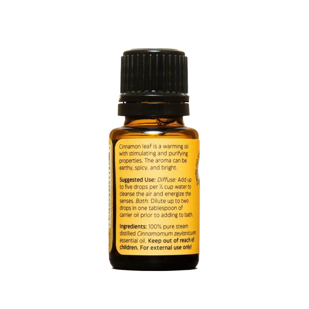 Amber glass bottle with black cap containing handcrafted cinnamon leaf essential oil, made in USA, ideal for aromatherapy, soapmaking, candlemaking, and health remedies collections.