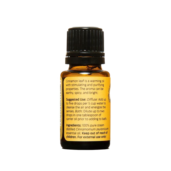 Amber glass bottle with black cap containing handcrafted cinnamon leaf essential oil, made in USA, ideal for aromatherapy, soapmaking, candlemaking, and health remedies collections.