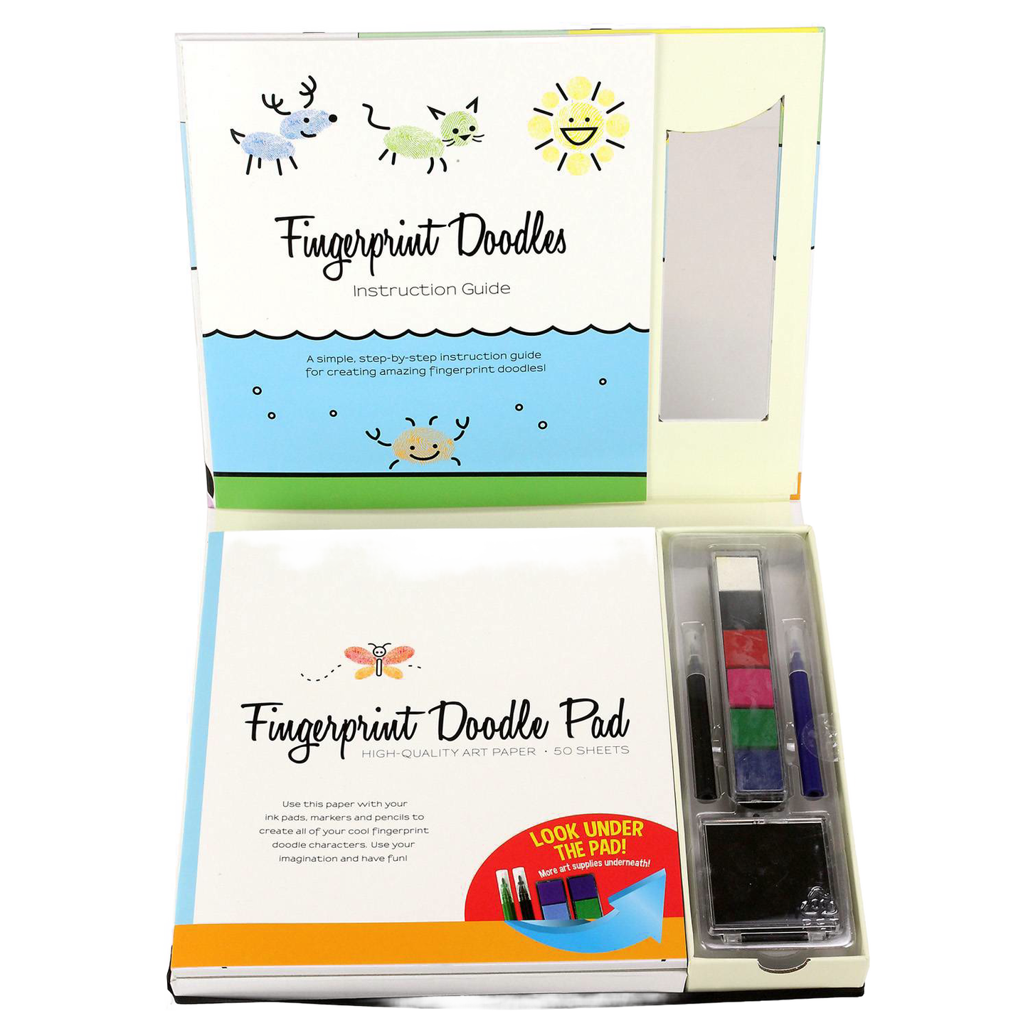 Open art kit featuring a Fingerprint Doodles instruction guide and doodle pad with ink pads and markers, designed for creative children's arts and crafts activities.
