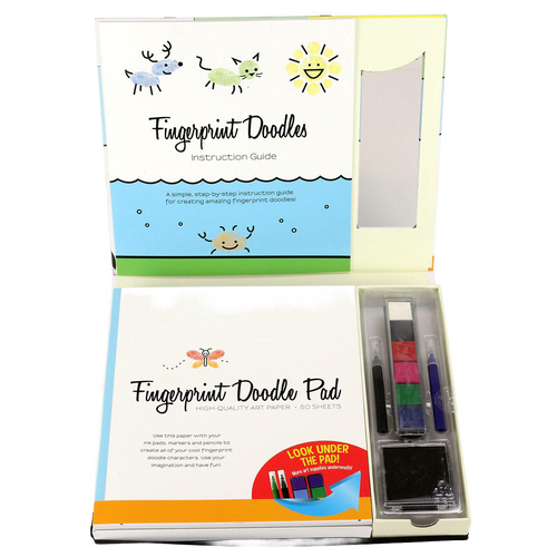 Open art kit featuring a Fingerprint Doodles instruction guide and doodle pad with ink pads and markers, designed for creative children's arts and crafts activities.