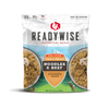 White and blue pouch of ReadyWise Trailhead noodles and beef meal with mushroom sauce, labeled USA made and high protein, ideal for camping, emergency supplies, and pantry collections.