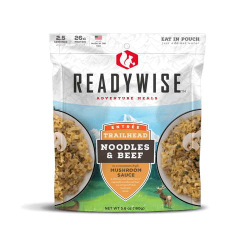 White and blue pouch of ReadyWise Trailhead noodles and beef meal with mushroom sauce, labeled USA made and high protein, ideal for camping, emergency supplies, and pantry collections.