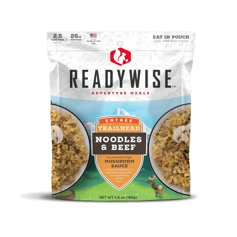 White and blue pouch of ReadyWise Trailhead noodles and beef meal with mushroom sauce, labeled USA made and high protein, ideal for camping, emergency supplies, and pantry collections.
