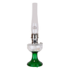 Vintage-inspired oil lamp featuring a clear glass chimney and an emerald green handcrafted glass base with sweeping Lincoln drape font detail, perfect for Lamps & Lighting and Oil Lamps collections.