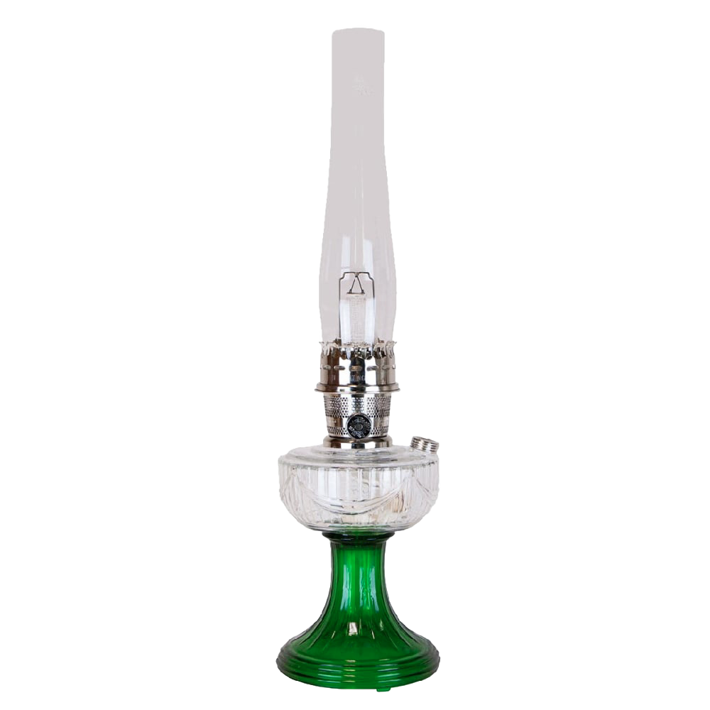 Vintage-inspired oil lamp featuring a clear glass chimney and an emerald green handcrafted glass base with sweeping Lincoln drape font detail, perfect for Lamps & Lighting and Oil Lamps collections.