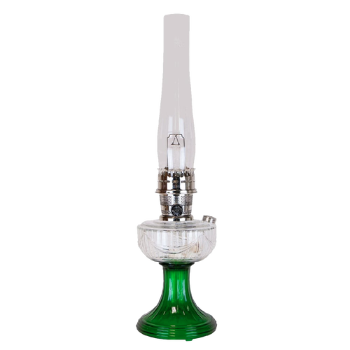 Vintage-inspired oil lamp featuring a clear glass chimney and an emerald green handcrafted glass base with sweeping Lincoln drape font detail, perfect for Lamps & Lighting and Oil Lamps collections.