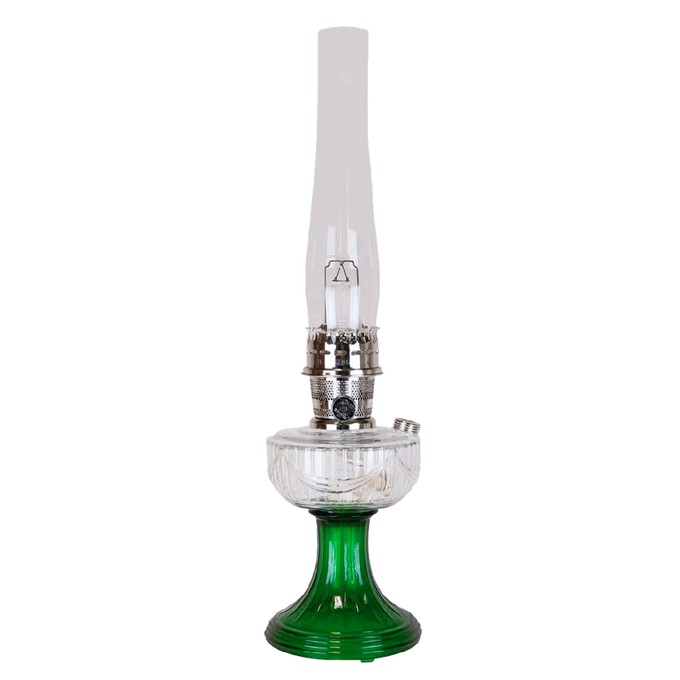 Vintage-inspired oil lamp featuring a clear glass chimney and an emerald green handcrafted glass base with sweeping Lincoln drape font detail, perfect for Lamps & Lighting and Oil Lamps collections.