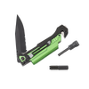 Handcrafted survival knife with bright green handle, clip point blade, serrated edge, built-in seatbelt cutter, glass breaker, and detachable fire starter, ideal for camping and emergency supplies in Farm, Garden & Tool and Pocket Knives collections.