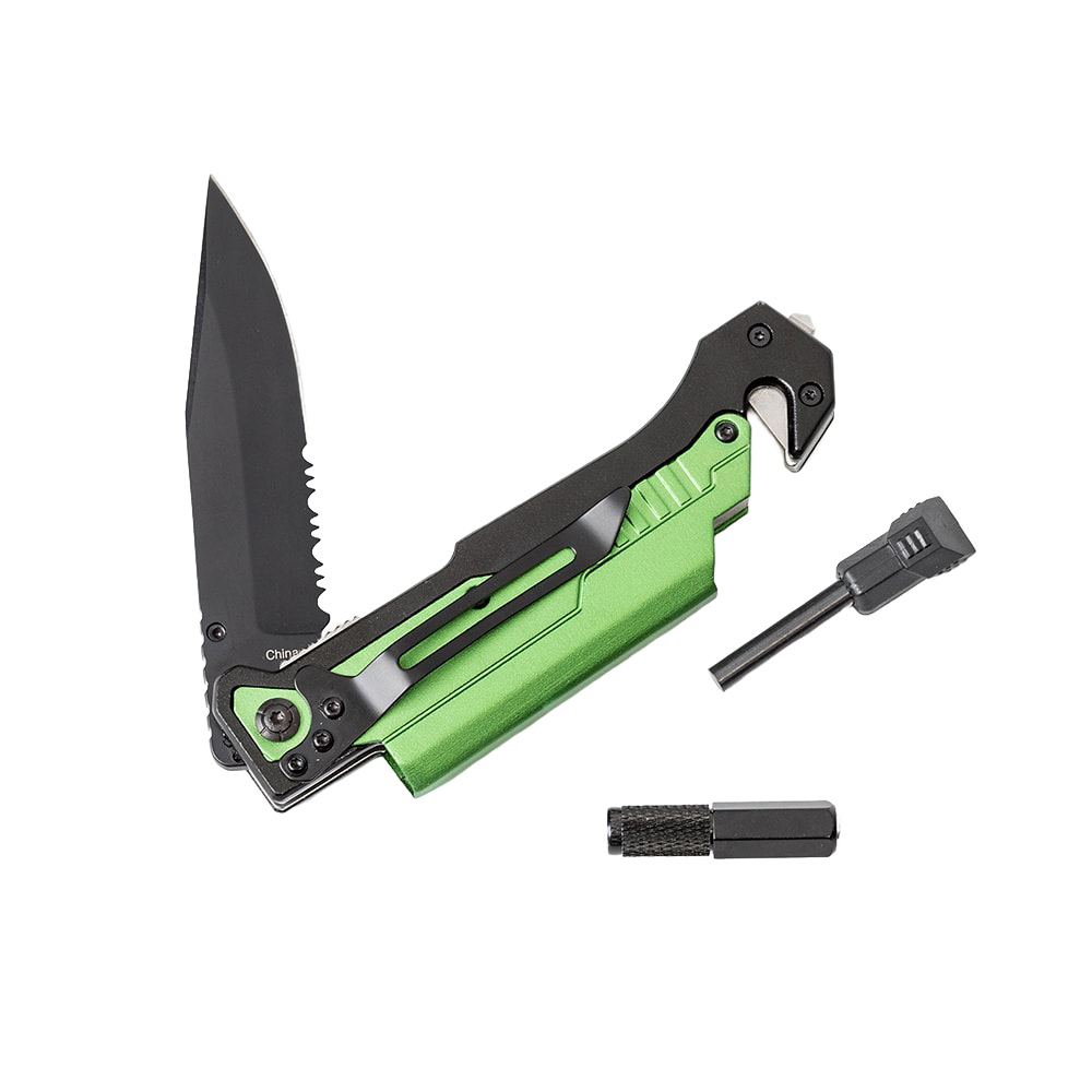 Handcrafted survival knife with bright green handle, clip point blade, serrated edge, built-in seatbelt cutter, glass breaker, and detachable fire starter, ideal for camping and emergency supplies in Farm, Garden & Tool and Pocket Knives collections.
