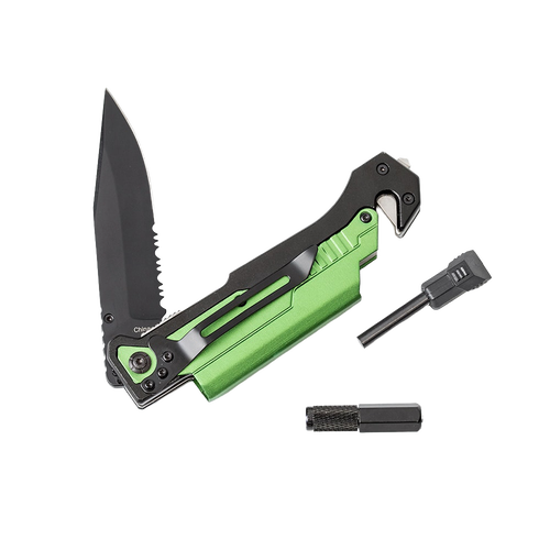 Handcrafted survival knife with bright green handle, clip point blade, serrated edge, built-in seatbelt cutter, glass breaker, and detachable fire starter, ideal for camping and emergency supplies in Farm, Garden & Tool and Pocket Knives collections.